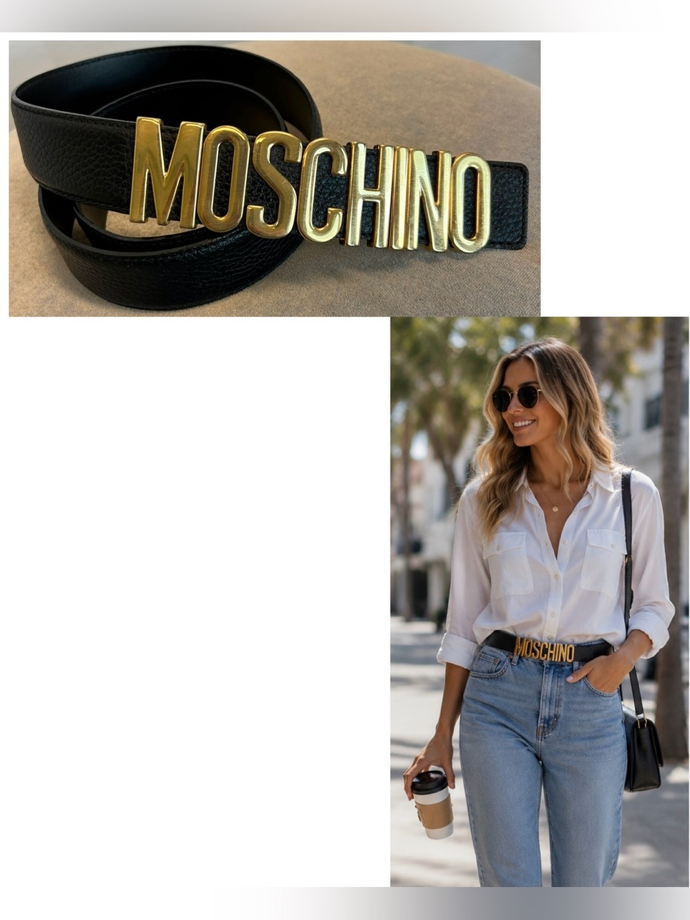 Moschino Genuine Leather Logo Belt Gold Buckle Black Size 44 Designer